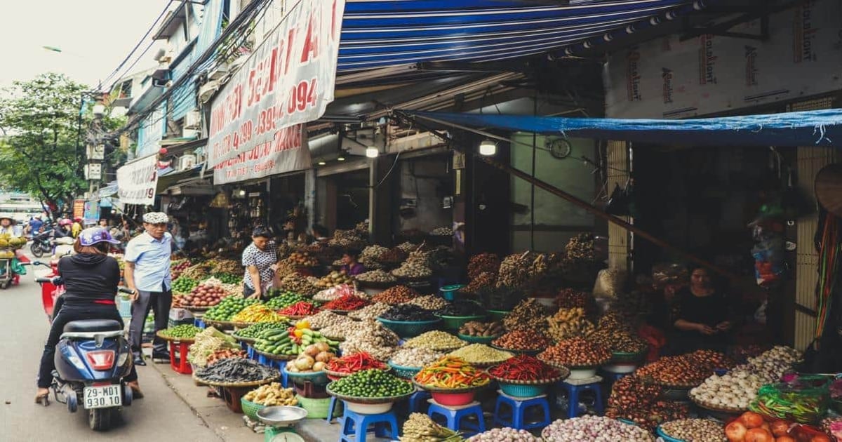 Fresh produce market in Vietnam, vibrant vegetables and spices in a local street shop.
